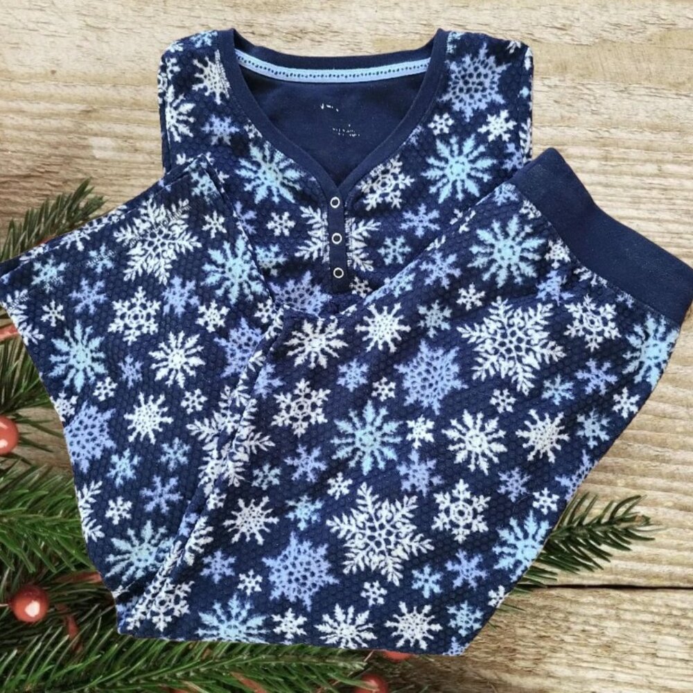 Nautica Womens Fleece Pajamas 2-Piece PJ Set Blue Snowflakes Print Size S